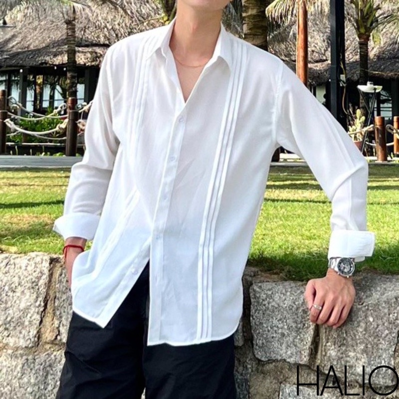 Áo sơ mi dài tay nam xếp ly thân trước trắng, vải Cotton xịn, chuẩn form - Regular fit, đứng form - HALIOMAN