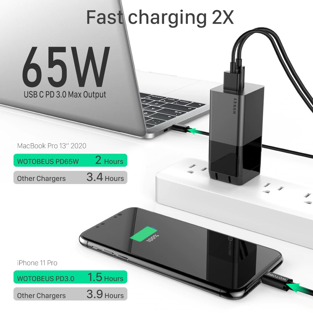 Củ sạc nhanh GaN 65W Hukey HC-G31 3 cổng sạc cho điện thoại, macbook, iphone hỗ trợ sạc nhanh