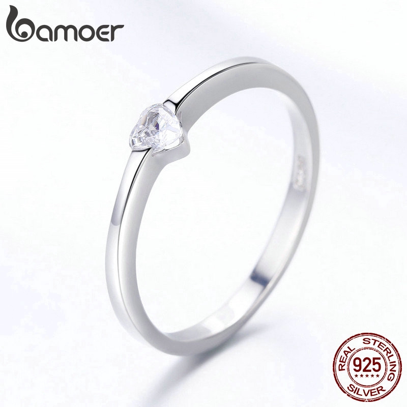 Nhẫn cưới Bamoer bằng bạc đính kim cương nhân tạo kiểu dáng thời trang cho nữ