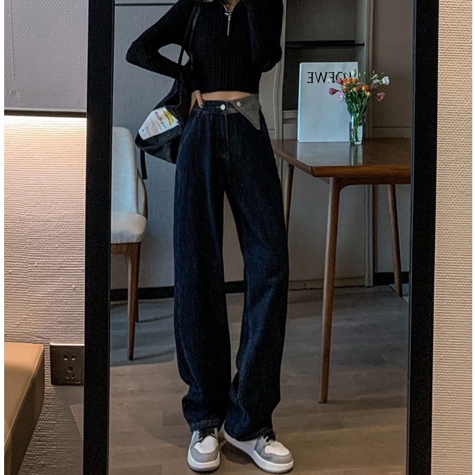 Quần Jeans Ống Rộng Cạp Cao Dáng Suông Vạt Tam Giác Q64 Ulzzang | BigBuy360 - bigbuy360.vn