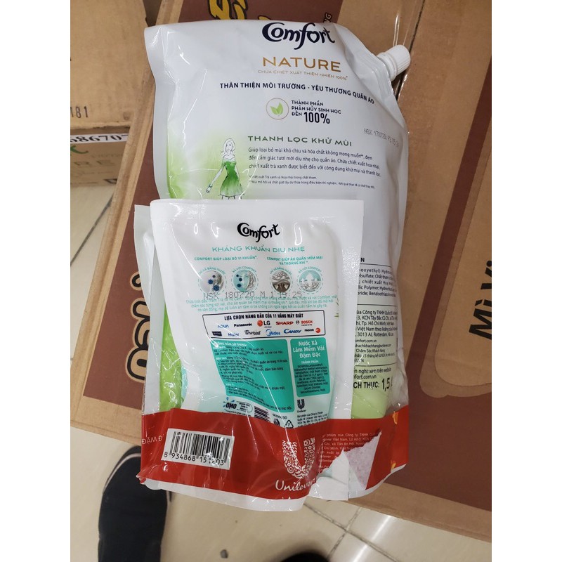 3 túi NXV Comfort Nature. Hương trà xanh và hoa nhài. 1 túi 1,5l và 2 túi 120ml