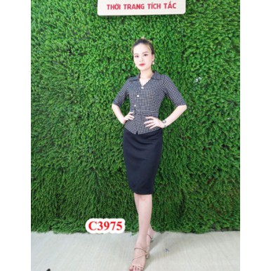 Đầm ôm phối caro eo peplum sang trọng 370