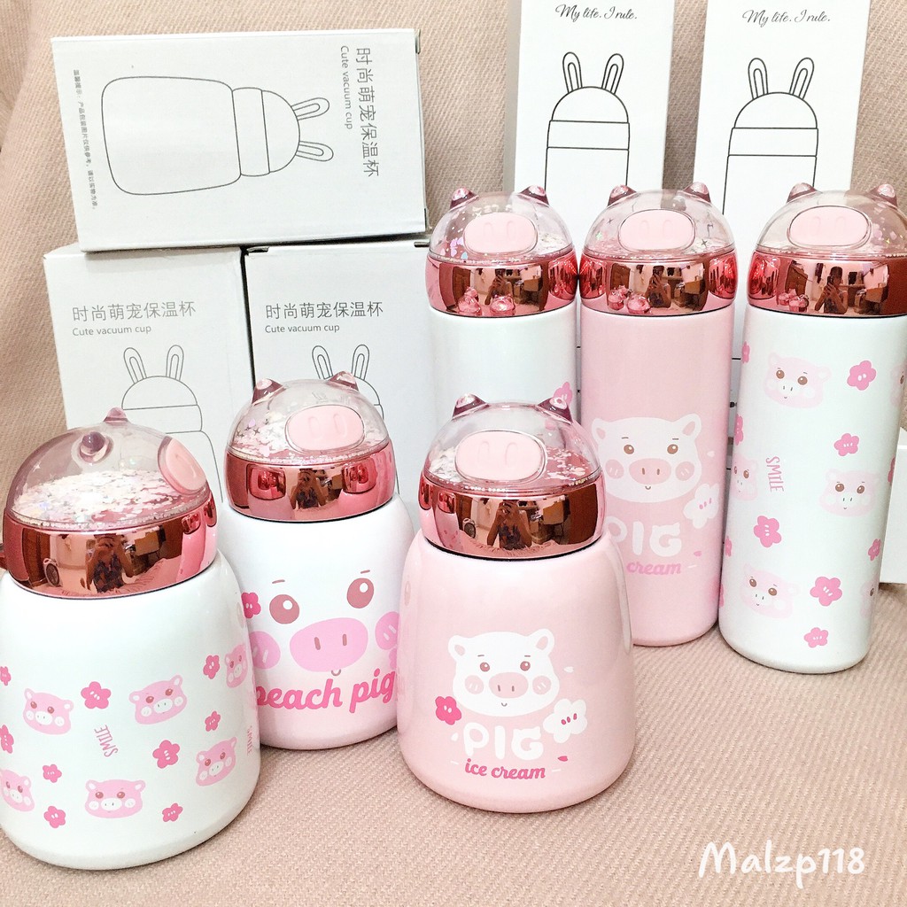 Bình giữ nhiệt thú cưng heo gấu hồng dễ thương nắp lấp lánh inox304 dung tích 330ml