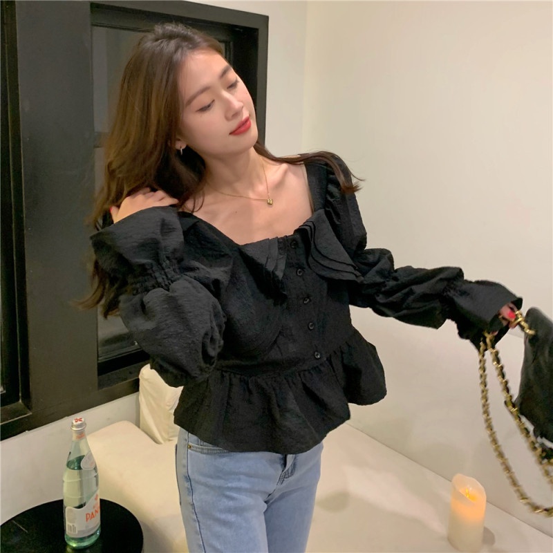 Áo Ngắn Cổ Vuông Phối Bèo Thời Trang Mùa Hè Quyến Rũ Cho Nữ