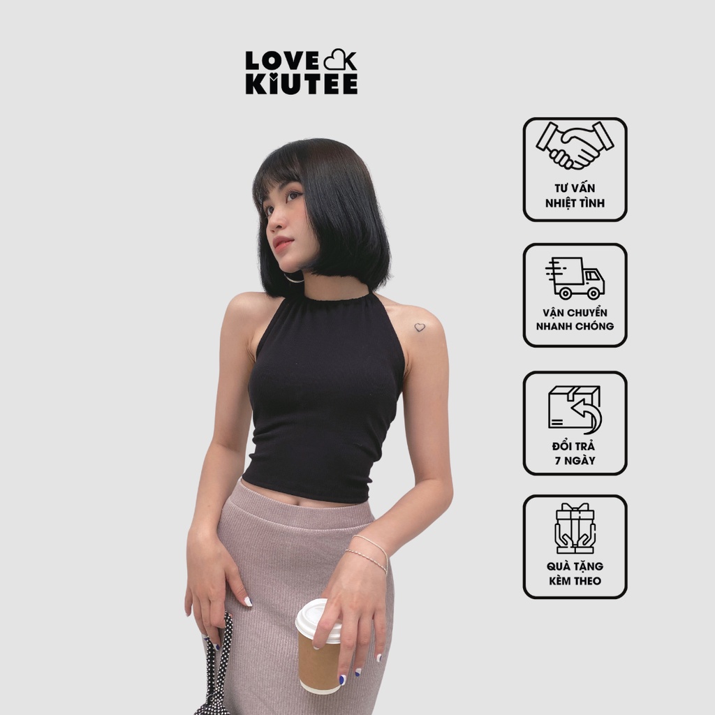 Áo lửng kiểu nhúm cột cổ thun gân Backless Halter Top màu trắng đen LOVEKIUTEE