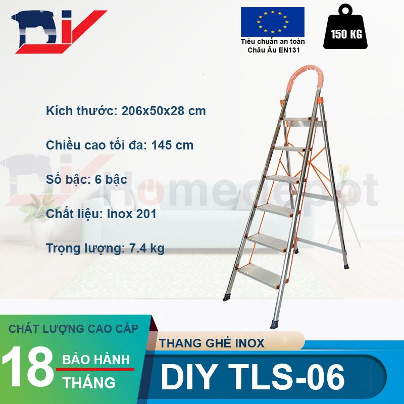 Thang ghế inox 6 bậc DIY TLS-06 chiều cao sử dụng tối đa 145cm - Tiêu chuẩn an toàn Châu Âu - Bảo hành 18 tháng