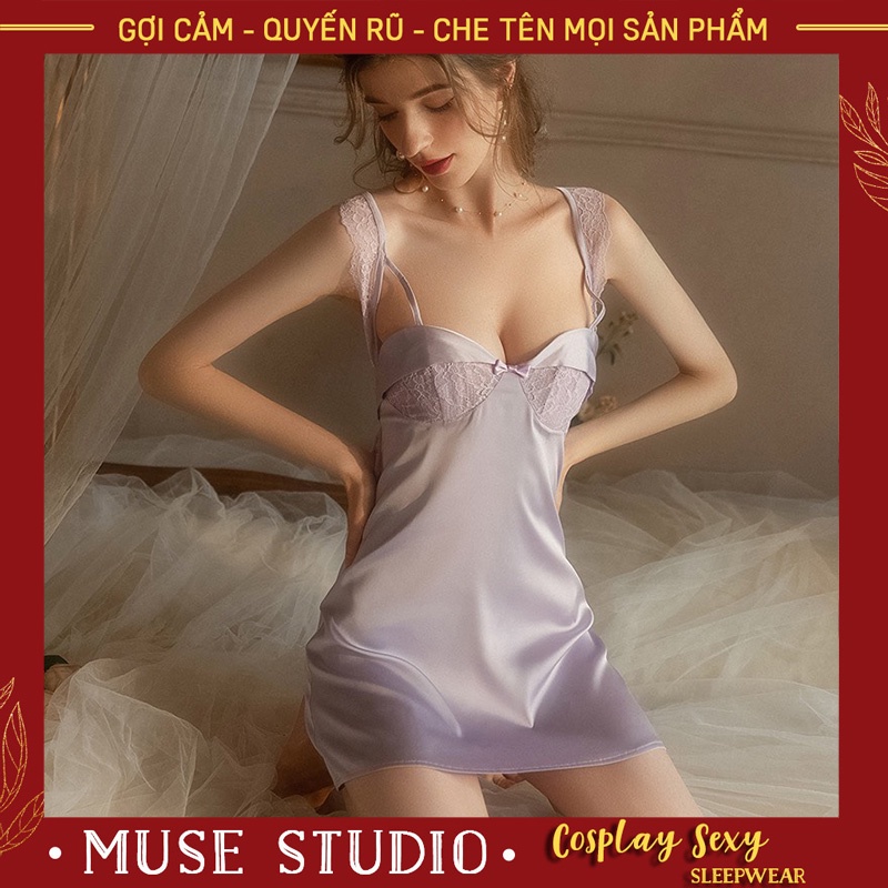 Váy ngủ sexy, Đầm ngủ gợi cảm vải satin cách điệu có đệm ngực cao cấp
