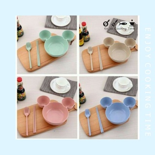 Bộ bát ăn dặm lúa mạch chuột micky kèm thìa đũa nĩa