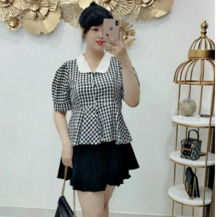 Set big size áo caro và chân váy xếp ly từ 60kg-90kg