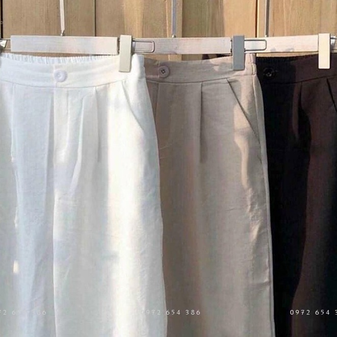 Quần culottes ống rộng suông đũi dáng dài lưng thun chun màu trắng đen be vải mềm - Quần ống suông nữ thể thao mặc ở nhà
