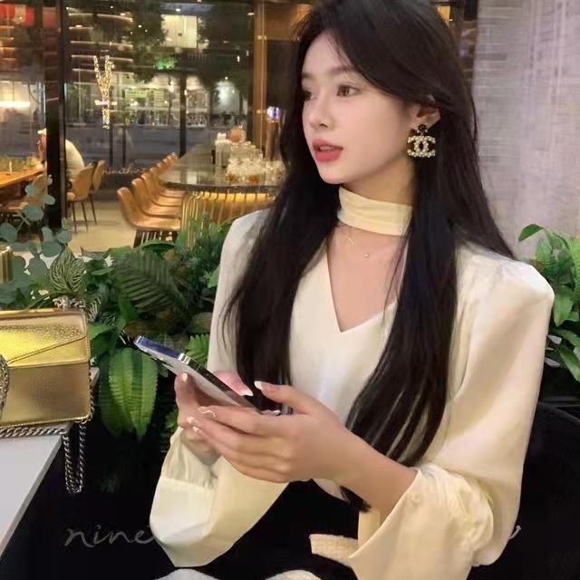 COZOK Áo sơ mi tay dài cổ chữ V thời trang dành cho nữ