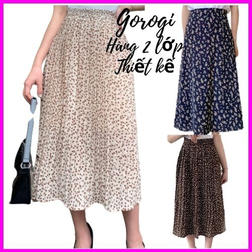 Chân váy dài Gorogi hoa nhí Gorogi dáng xòe phong cách ulzzang, vintage, midi cạp cao hàng 2 lớp