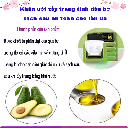 Túi 60 tờ khăn ướt tẩy trang bơ sạch sâu  an toàn cho da  mặt