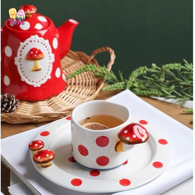 Ấm trà, cốc hình nấm, đĩa, tô sứ có tay cầm hình nấm đáng yêu