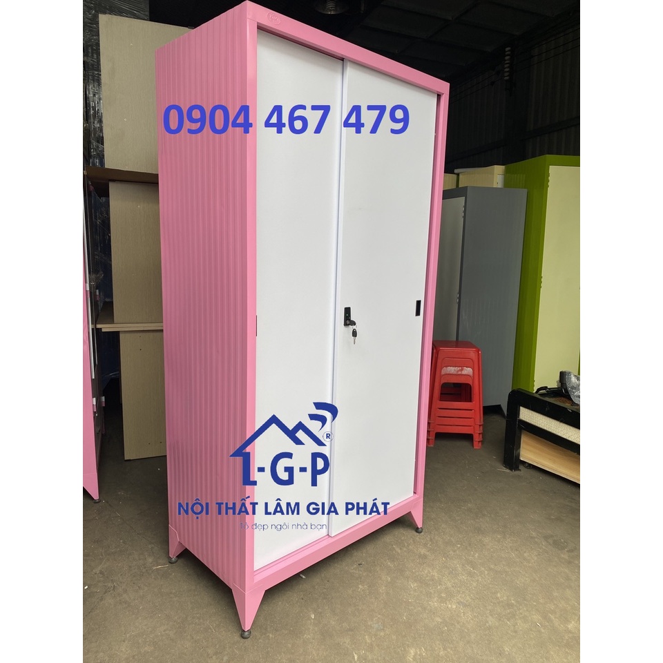 Tủ sắt cửa lùa 2 cánh sơn tĩnh điện màu hồng mới