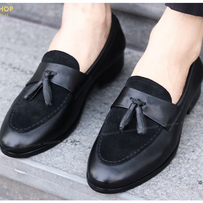 Giày Lười Nam Da Lì Kết Hợp Da Lộn Và Chuông, Đế Cao Su Khâu Chắc Chắn - Mã G014