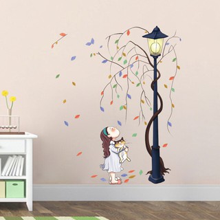 Decal dán tường Bé ôm mèo và cửa sổ
