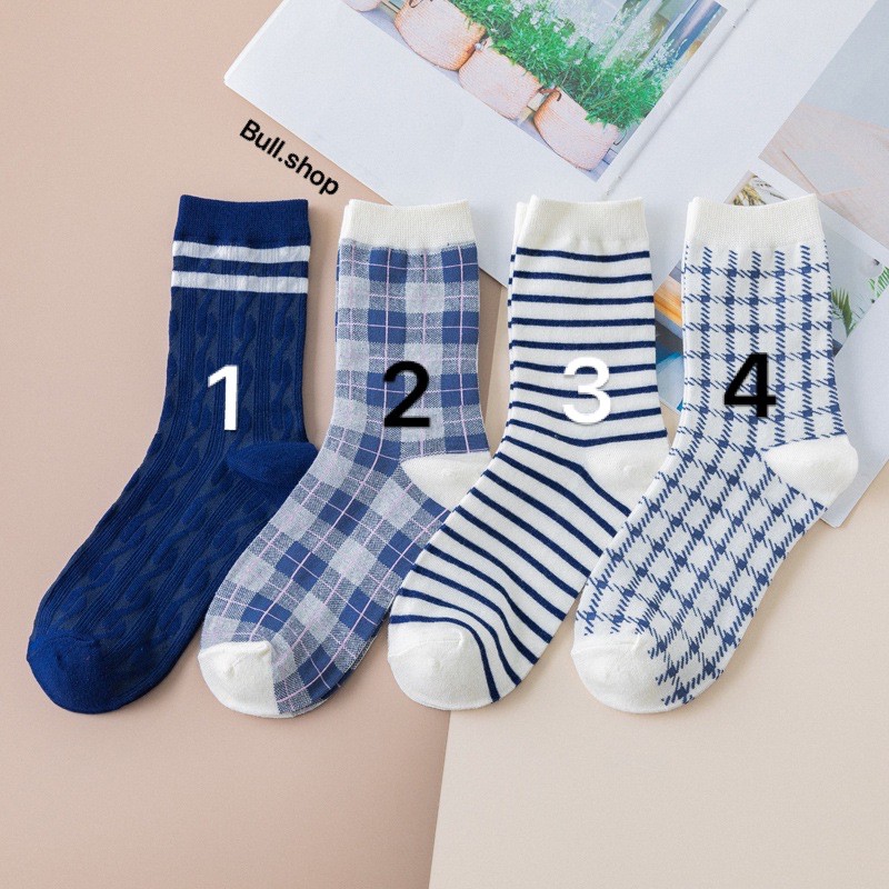 TL05. Tất vớ nữ cotton caro sọc tông xanh blue lẻ