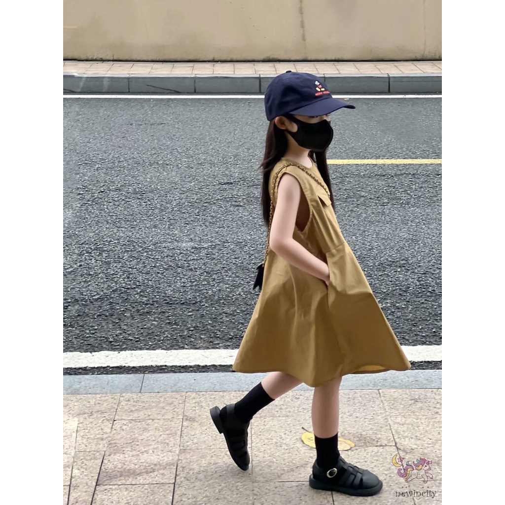 Đầm Không Tay Phối Túi Dễ Thương Thân Thiện Với Da Phong Cách Hàn Quốc Dành Cho Bé Gái