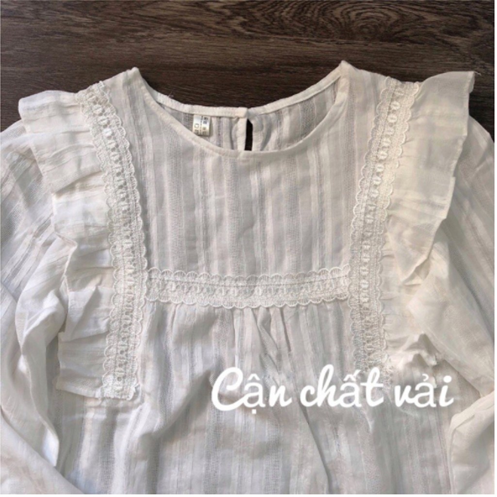 Áo babydoll bèo kiểu mới tay nơ, Kiểu áo sơ mi nữ phối ren màu trắng tiểu thư -CKV144