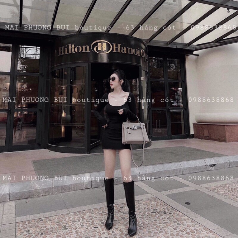 Váy body dày dặn hai màu nâu be