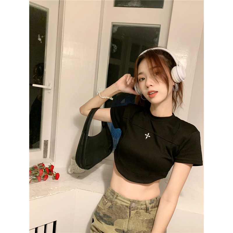 Áo Thun Cotton Ngắn Tay Ôm Dáng Màu Đen Thời Trang Mùa Hè Cho Nữ