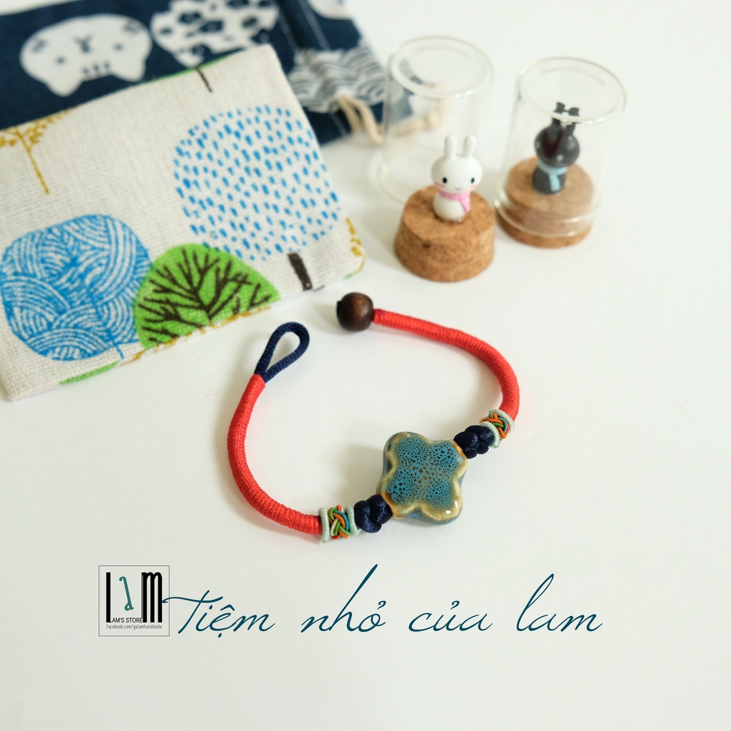 Vòng tay handmade hạt gốm dẹp unisex dây bện thủ công size ~19cm