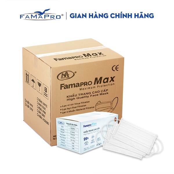 [MAX- THÙNG 40 HỘP] Khẩu trang y tế cao cấp kháng khuẩn 4 lớp Famapro max (40 cái/hộp)