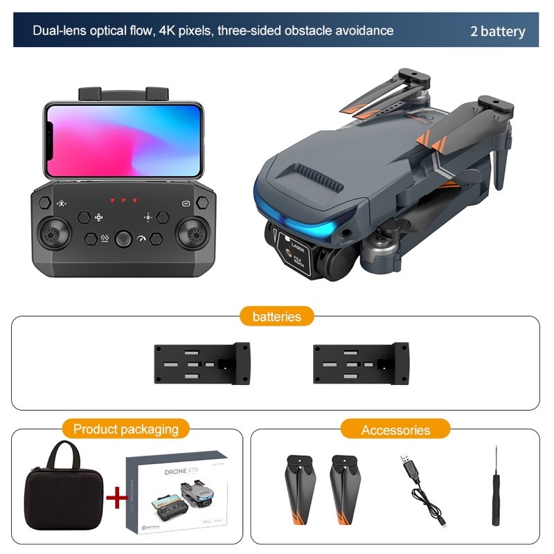 Flycam XT9 có 2 camera 4k, cảm ứng vật bay, điều khiển camera đang bay,pin bay lâu