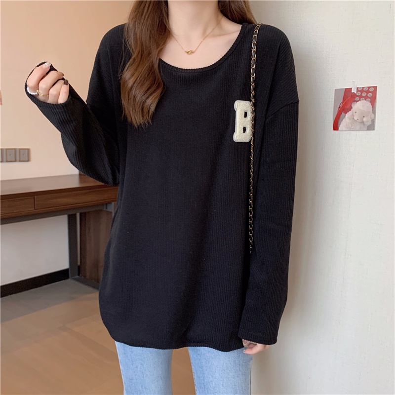 Áo thun SUXI tay dài cổ tròn màu trơn dáng rộng thời trang mùa thu mới cho nữ