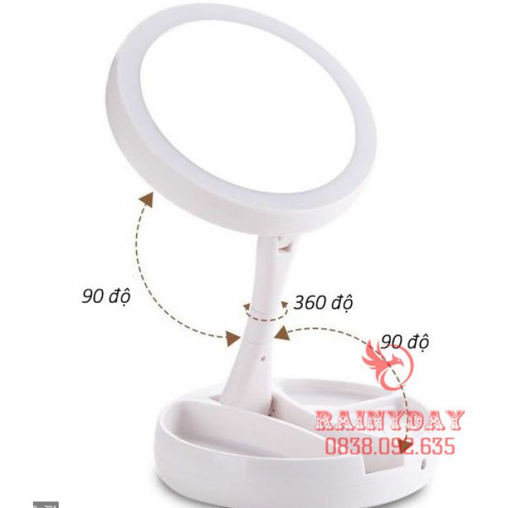 Gương trang điểm để bàn phấn có đèn led sạc kính tròn makeup phóng đại lật 2 mặt xoay 360 độ mini gấp gọn