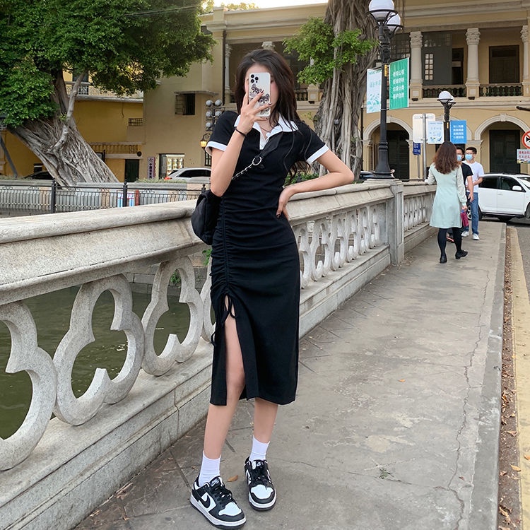 COZOK Đầm Cổ POLO Dáng Ôm Rút Dây Xếp Ly Màu Tương Phản Trẻ Trung