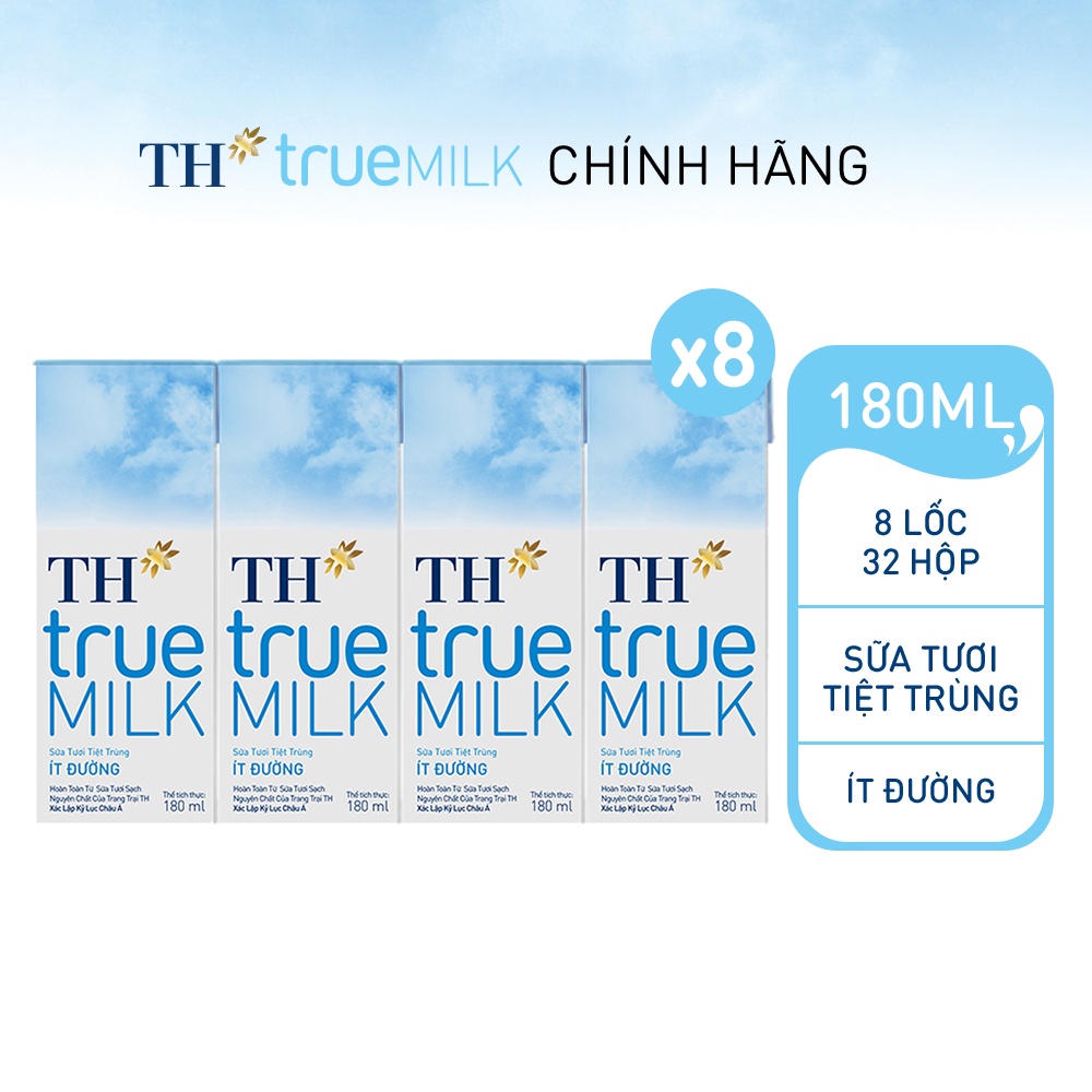 8 Lốc sữa tươi tiệt trùng ít đường TH True Milk 180ml (180ml x 4 hộp)