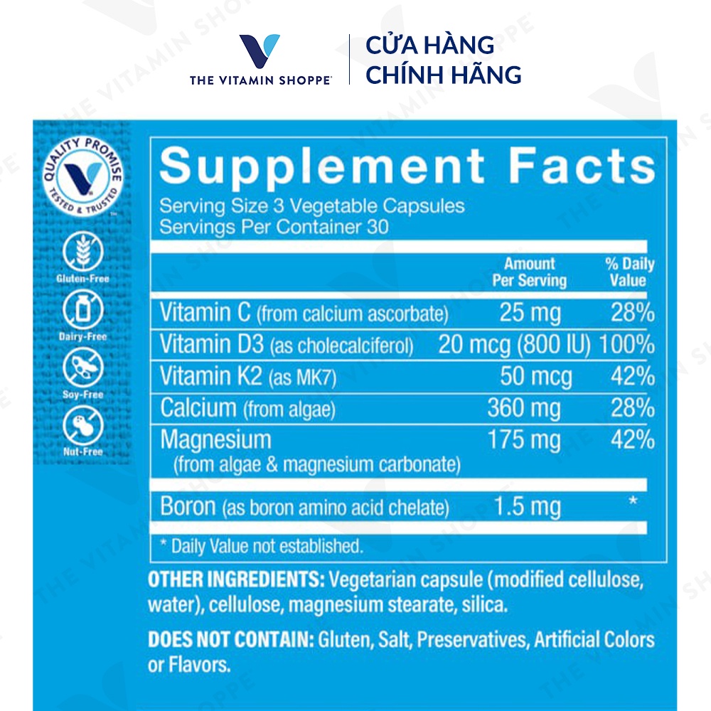 Viên uống bổ sung canxi hữu cơ, chiết xuất tảo biển THE VITAMIN SHOPPE Algae-Based Calcium Bone Formula 90 viên