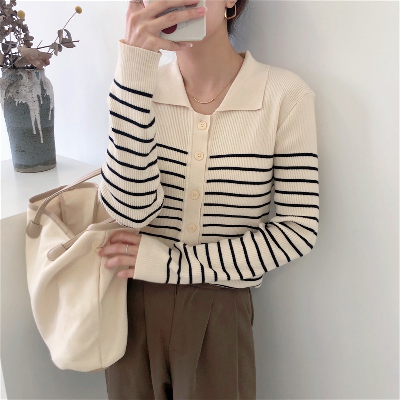 Áo sweater nữ cổ polo dáng ôm họa tiết kẻ sọc dễ phối đồ phong cách Hàn Quốc thời trang