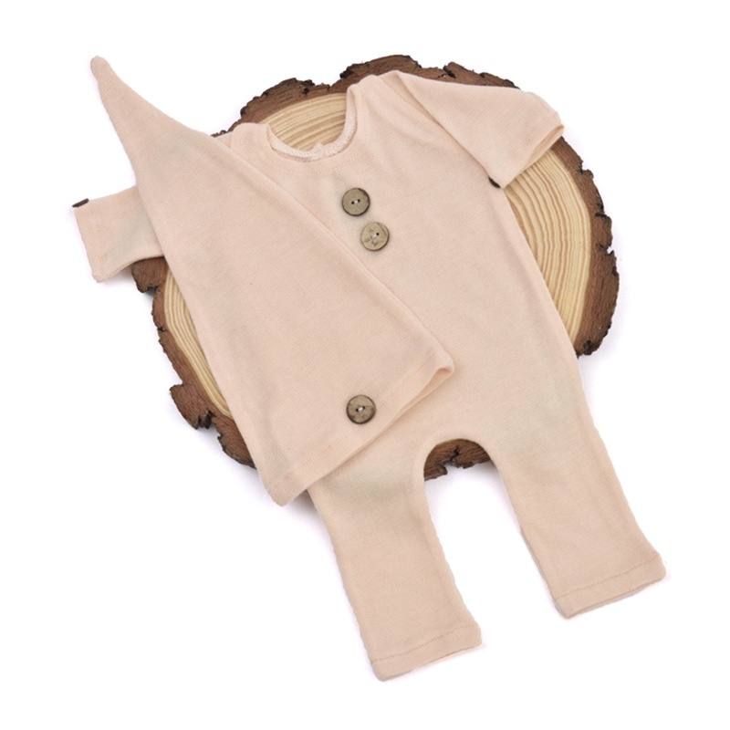 Bộ 2 Món Áo Liền Quần Màu Trơn Cài Nút + Mũ Đuôi Dài + Băng Đô Chụp