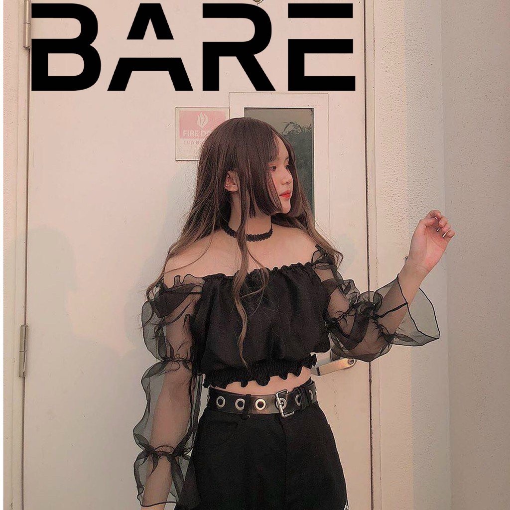 Áo trễ vai tay bồng nữ - áo bẹt vai nữ bo eo phối tay voan kiến -A0107