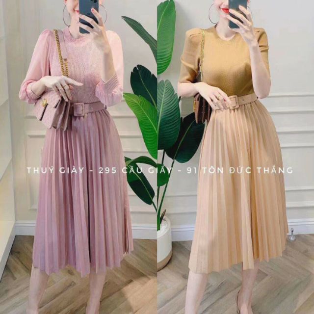 Chân váy dập li kèm đai vuông hàng QC