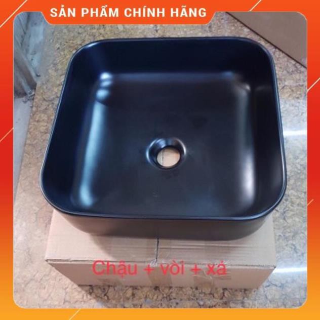 (SALE) Chậu rửa mặt lavabo màu đen, vòi đen, xả đen bộ 3 cao cấp sang trọng