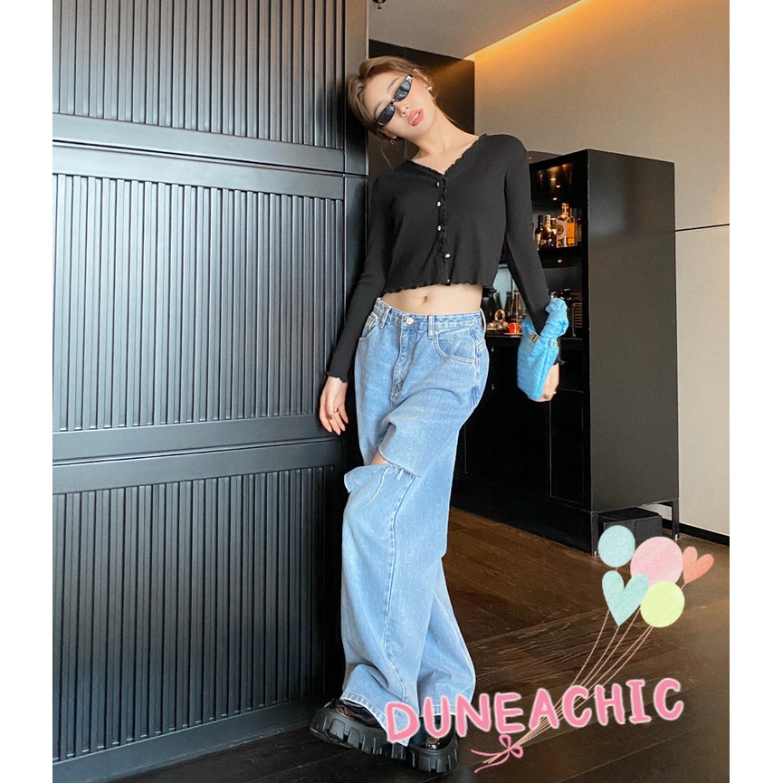 DUNEA Quần Jean Lưng Cao Ống Rộng Phối Rách Cá Tính Dành Cho Nữ