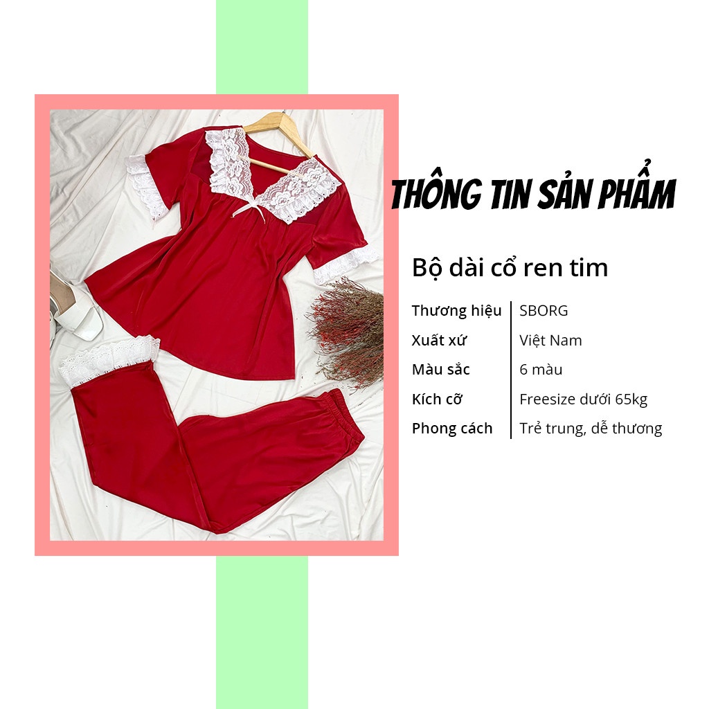 Đồ bộ mặc nhà SBORG bộ pijama lụa latin cao cấp cổ tim viền ren dễ thương phối quần dài có túi freesize 65kg quà tặng vợ