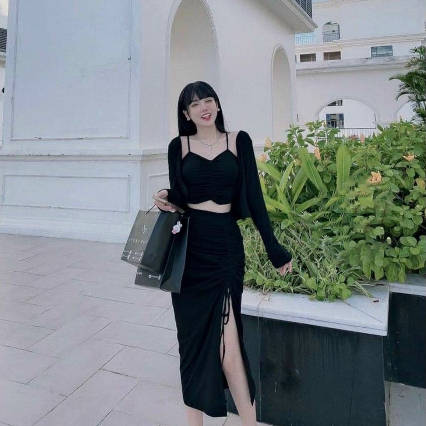 [HCM] Sét 3 Món Chân Váy Dài Dây Rút Kèm Áo Khoác Thời Trang Nữ Sam Closet Free Size 40-55kg