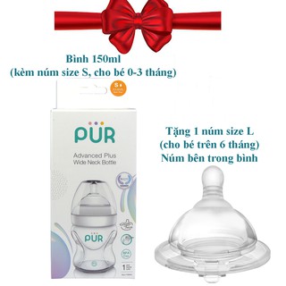 Combo Bình sữa cổ rộng Pur Advanced Plus 150ml (có sẵn núm S 0-3th) + núm lẻ L (L=F)