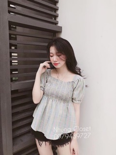 Áo kẻ chun ngực tay bồng