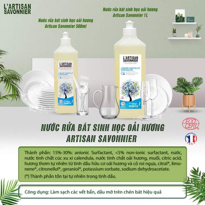 [ARTISAN] NƯỚC RỬA BÁT SINH HỌC 500ml/1000ml