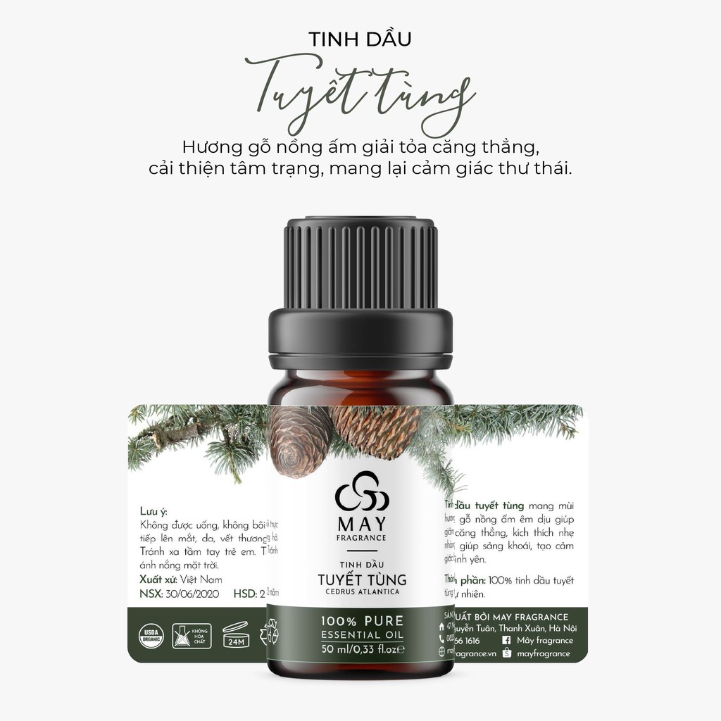 Tinh dầu Tuyết tùng thiên nhiên thơm phòng May Fragrance | Kiểm nghiệm GC - MS