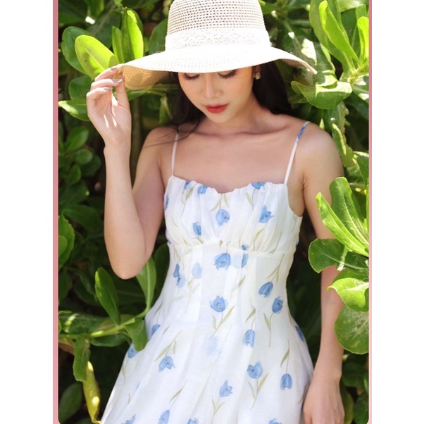 Đầm maxi hai dây họa tiết hoa tulip chất vải tơ organza - Blue Tulips dress (BT117)