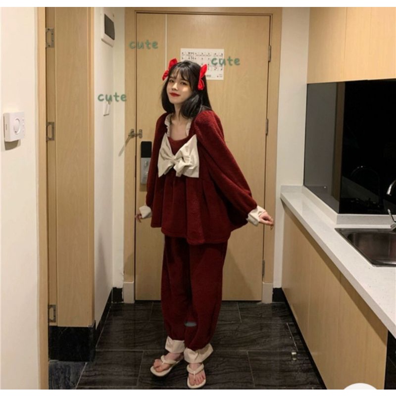 Bộ ngủ nhung phối nơ tay bèo | BigBuy360 - bigbuy360.vn