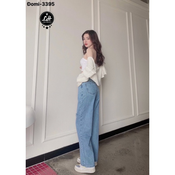 Quần jean ống rộng nữ rách gối 2 line cạp cao Lê Huy Fashion màu xanh đậm MS 3395