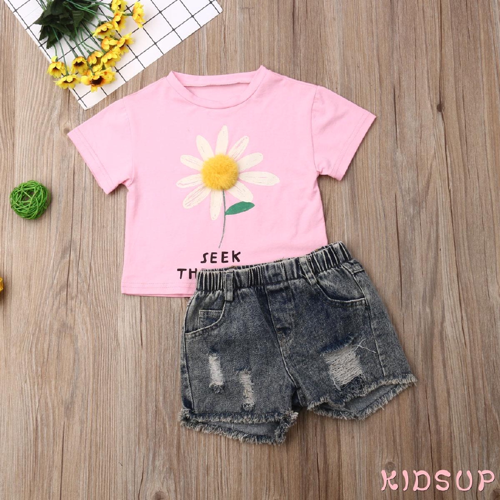 Bộ Áo Thun In Hoa 3d + Quần Short Denim Cho Bé Gái